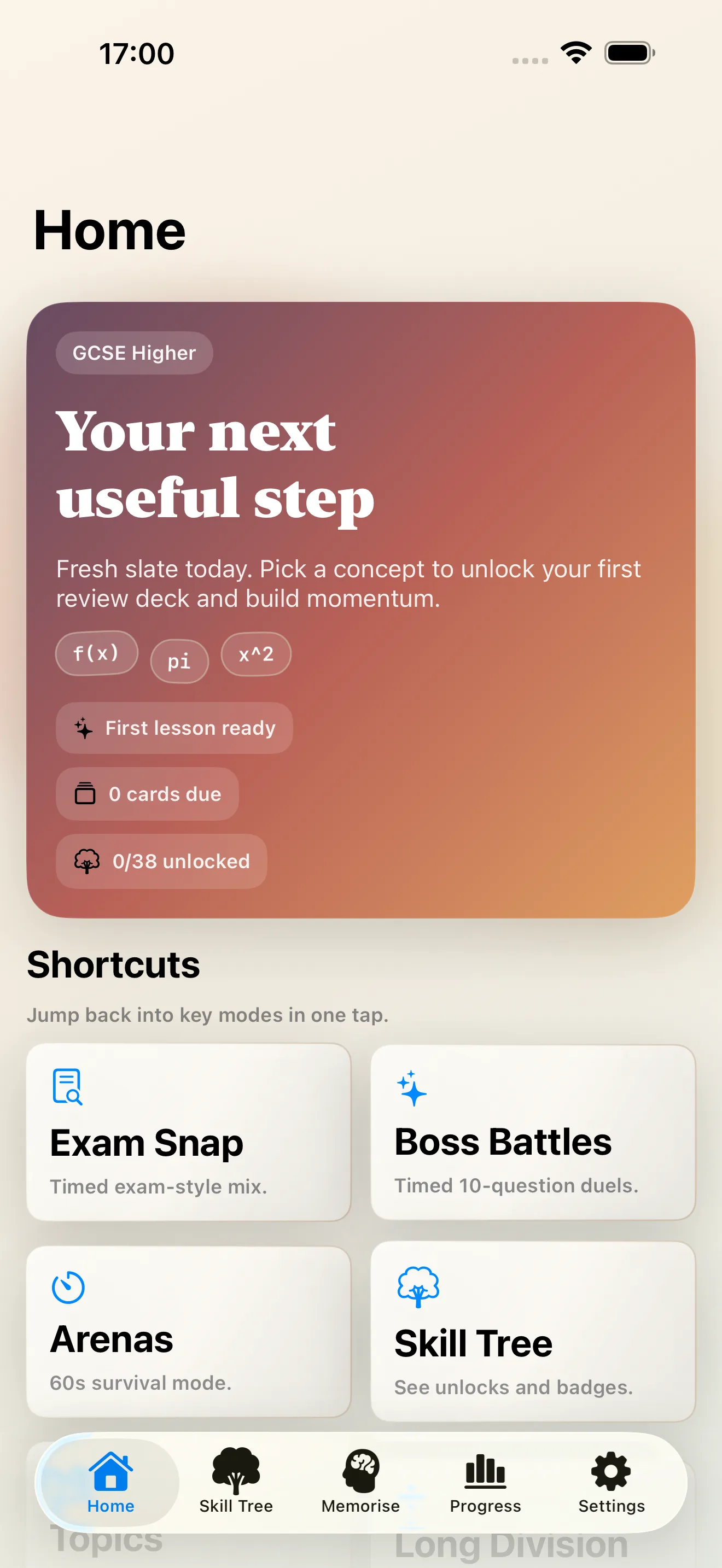 MathFoundry home dashboard showing revision shortcuts and progress