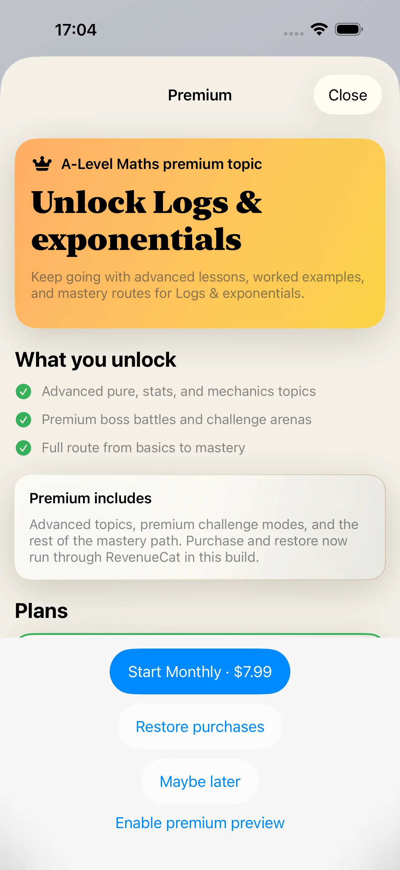 Premium paywall showing subscription plans